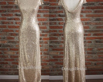 Gold Bridesmaid Dresses,Drape Down Backless Evening Dress,Foor Length Evening Gown,Long Evening Prom Gowns,Sequins Formal Dress for Wedding