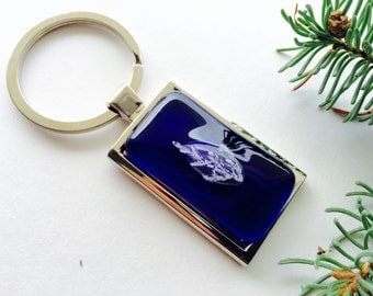 Medium Blue Fused Glass and Silver keychain, Blue Fused Glass keyring, Fossil Glass keychain