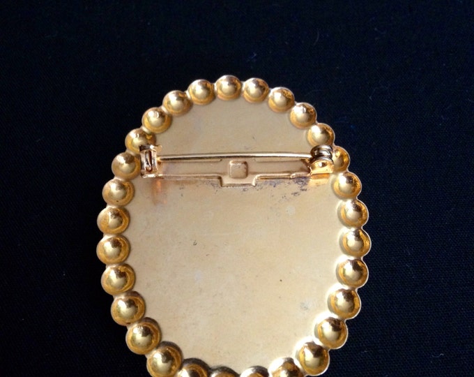 Storewide 25% Off SALE Vintage Gold Tone Designer Cameo Brooch Featuring Unique Black Portrait With Detailed Gold Tone Ball Beaded Trim