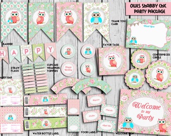 Owls Shabby Chic Party Package,Shabby Party Set,Owls Party Supplies,Banner,sign,Shabby chic package,PRINTABLE DIY, Instant Download