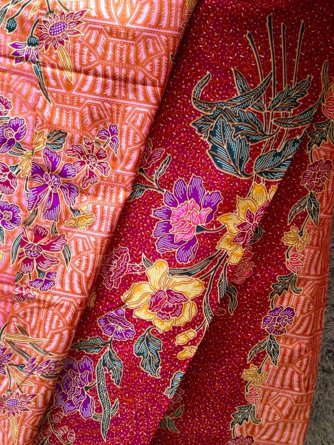 2 Yards Malaysian Batik Fabric  Red Brown Floral Print Sarong