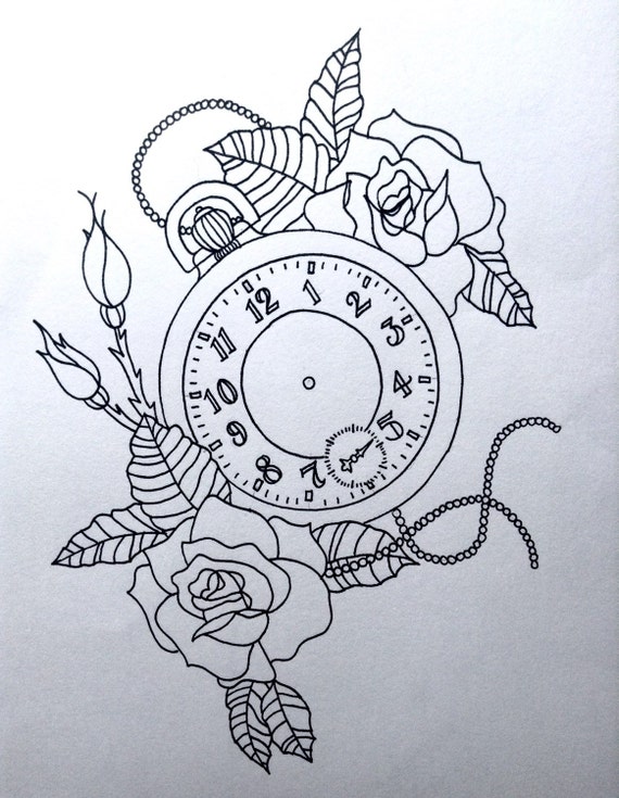 Pocket-Watch Line Drawing Print 17 x 13cm Printed on A4 300gsm