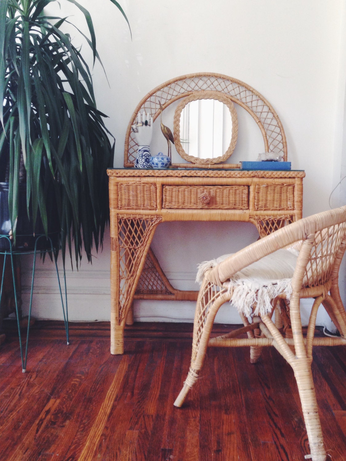 vintage wicker vanity and chair set // vintage rattan desk set Haute