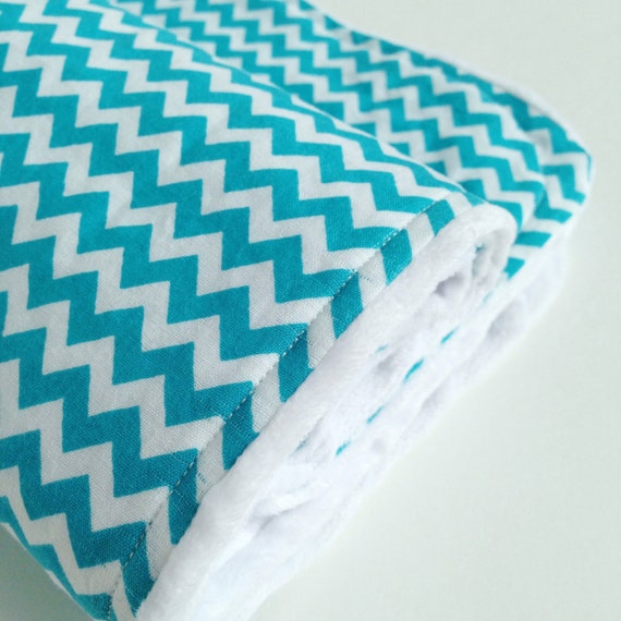 Baby Blanket Aqua Blue Chevron Cotton with White Minky Handmade