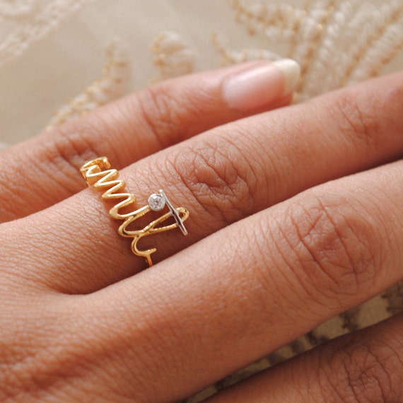 Custom Name 14K Yellow Gold Engagement Ring Gold & by AbhikaJewels