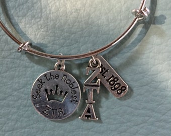 Silver Bracelet Inspired by Greek Zeta Tau Alpha Motto Charm Bracelet, Lavalier, Lil Sis Gift, Sorority Sister Pledge Gift, ZTA Crown 1898