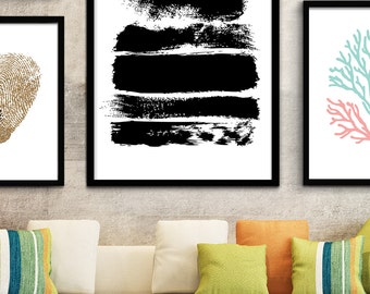 Black and White Wall Art, Modern Black White Prints, Digital Brush Stroke Black & White Print, Modern Black Wall Decor, Modern Office Art