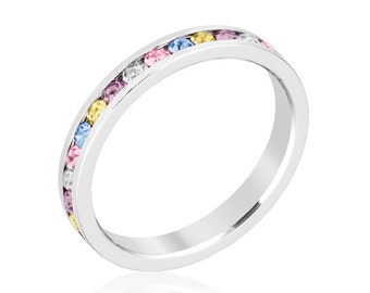 Stackable Multi Color Crystal Eternity Ring | Round Cut Assorted Swarovski Crystal Stackable Eternity Band in a Channel Setting