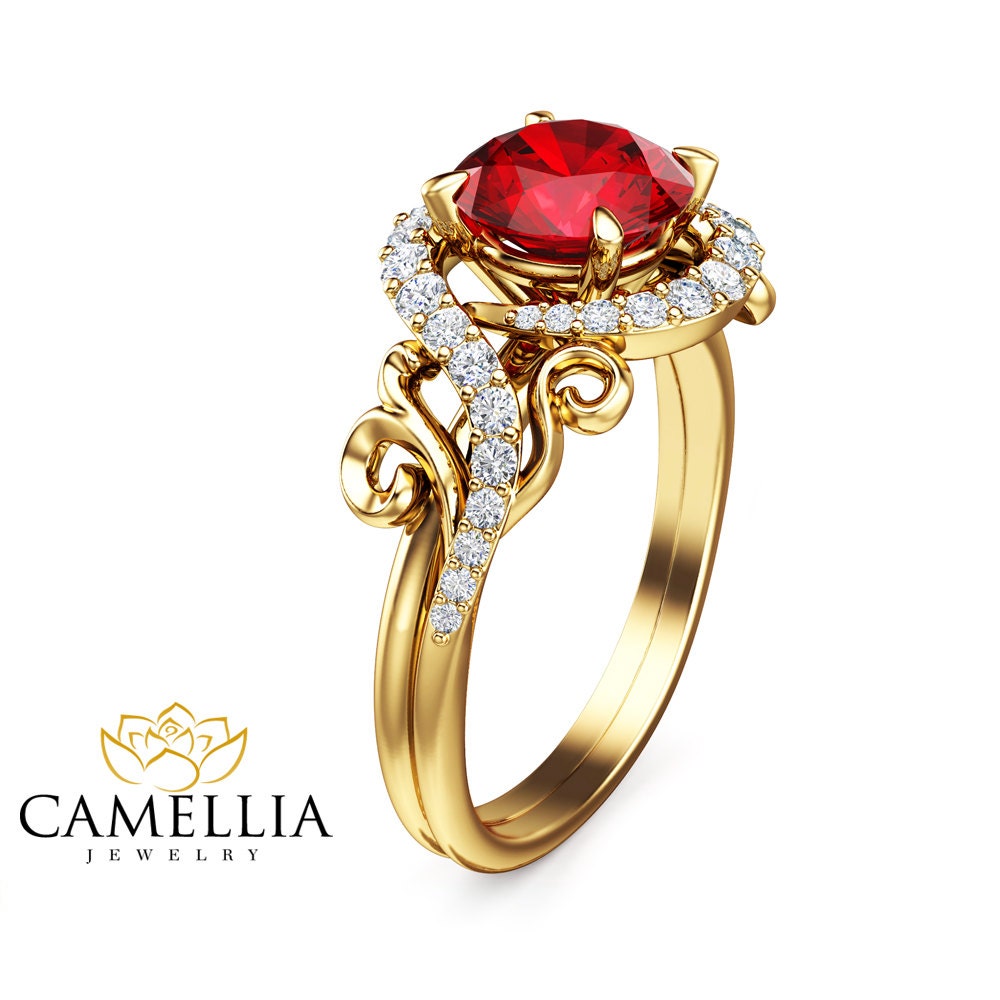 14K Yellow Gold Ruby Ring Unique Engagement Ring Ruby