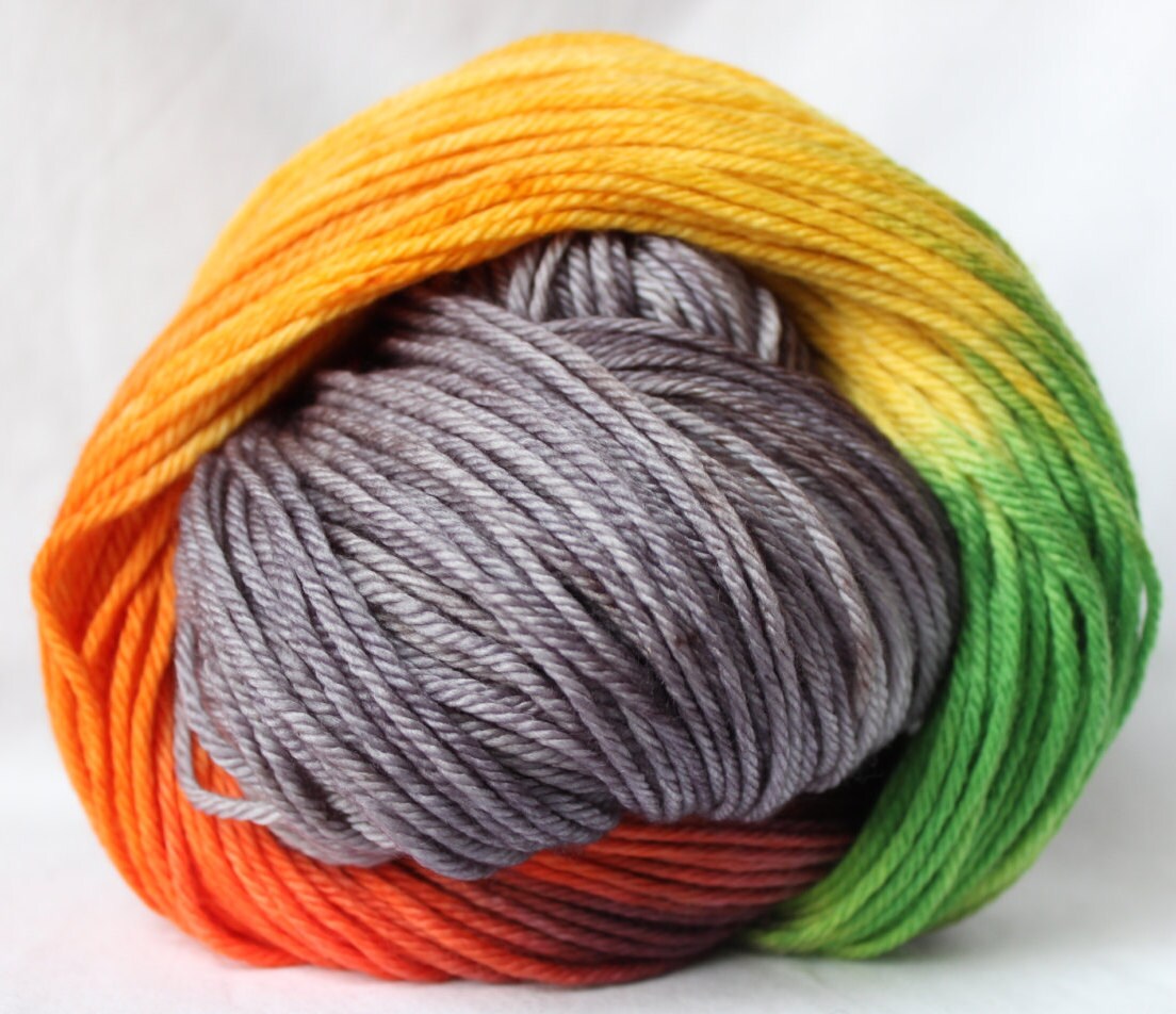 Hand dyed yarn Gray / green / orange / yellow / red