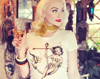 Anchors Aweigh Tshirt size S, M, L,XL,2XL,3XL in Heather beige Rockabilly Pinup girl by Mischief Made