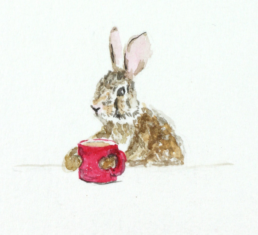 Original painting Bunny rabbit drinking hot chocolate coffee