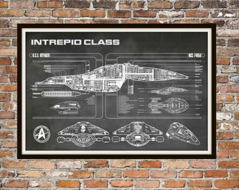 Star Trek Voyager Blueprint Art of Intrepid USS Voyager Class Technical Drawings Engineering Drawings Patent Blue Print Art Item 0100C