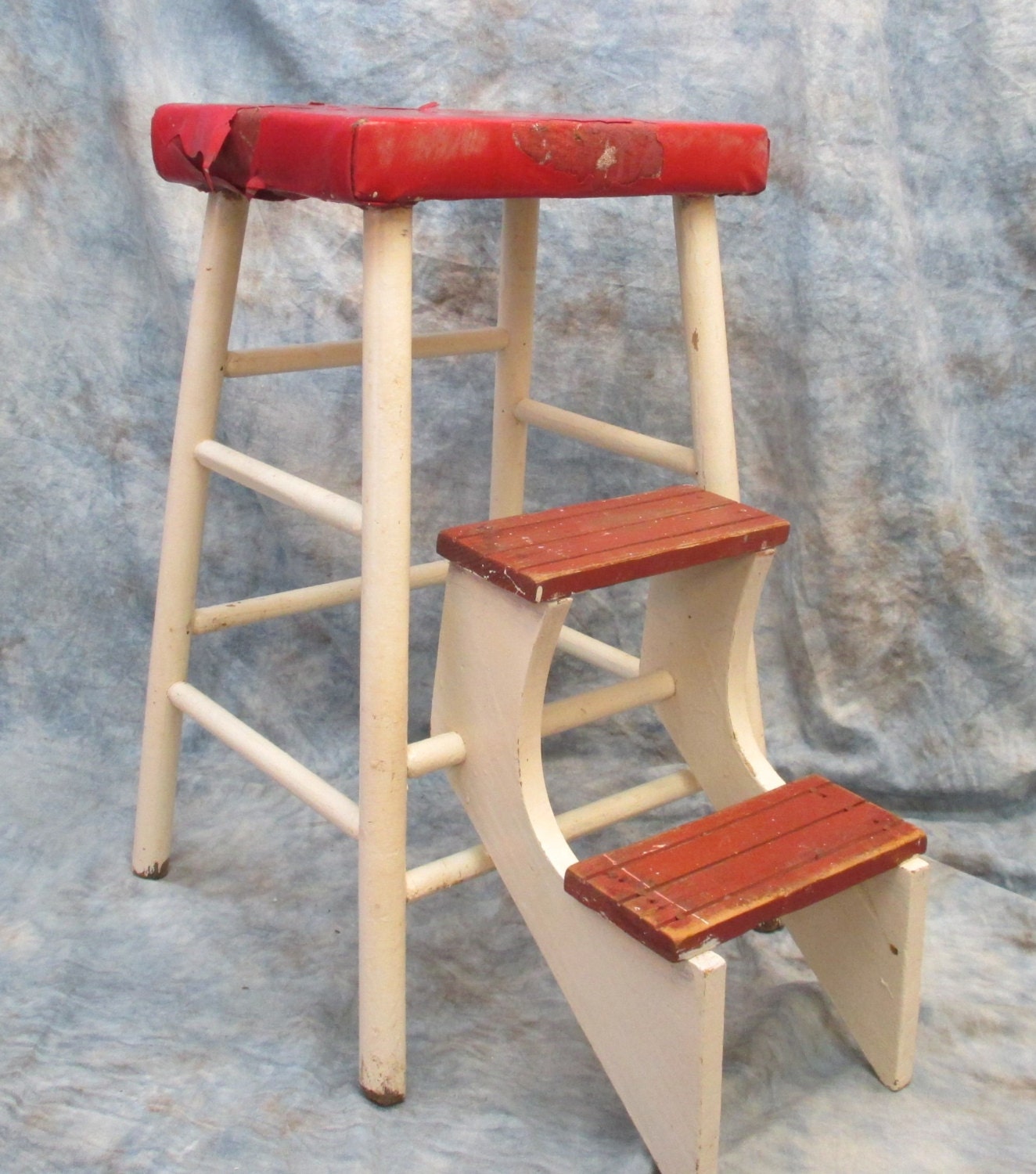 Red White Wood Step Stool Chair Ladder Kitchen Rustic Country Milking