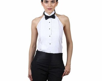Women's White Tuxedo Halter Shirt