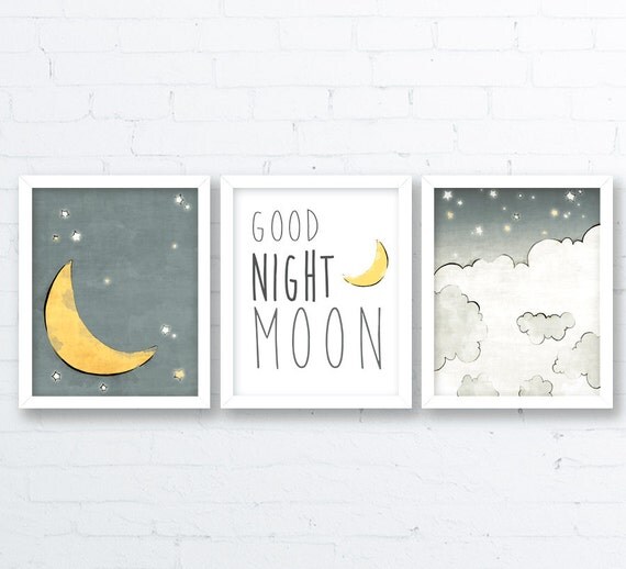 Moon Nursery Art Stars and Moon Kids Room by LowerWoodlandStudio