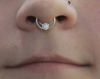 Silver Septum Ring, Septum jewelry 18g, Nose hoop, 3mm White Opal Nipple piercing, Tragus earring 18 gauge, Septum piercing, Rook piercing