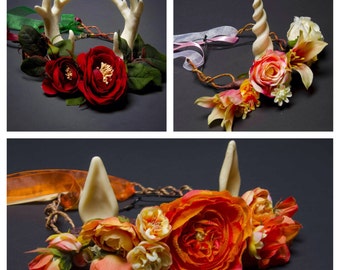 2 Piece Set: Flower Crown with Antlers, Unicorn Horn, or Faun Ears