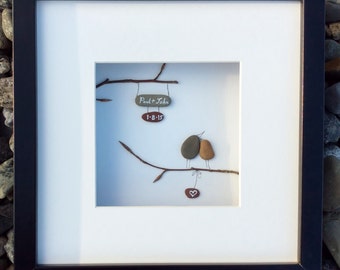 Unique wedding gift from Ireland, personalized pebble art love memento. Also for anniversary or engagement gift. Original, handmade, Irish