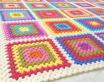 Retro Granny Blanket~ Colourful Squares Throw~ Crazy Colourburst Afghan~ Camping, Festivals, Garden, Home~ Made to Order~