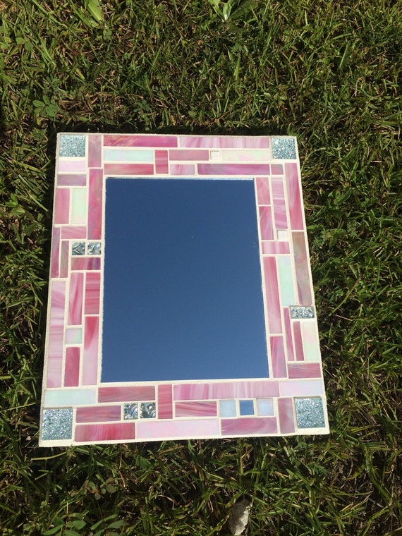Pink Stained Glass Mosaic Mirror Stauned Glass by BlueOceanGlass
