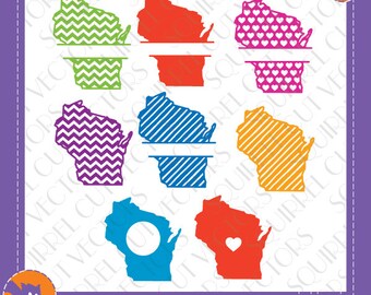 8 Wisconsin State Shapes, Patterns and Monogram Splits SVG DXF EPS Cutting files