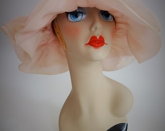 Hat #119 ~ Vintage Pink Organdy Portrait Hat w/Double Ruffle Brim & Bow