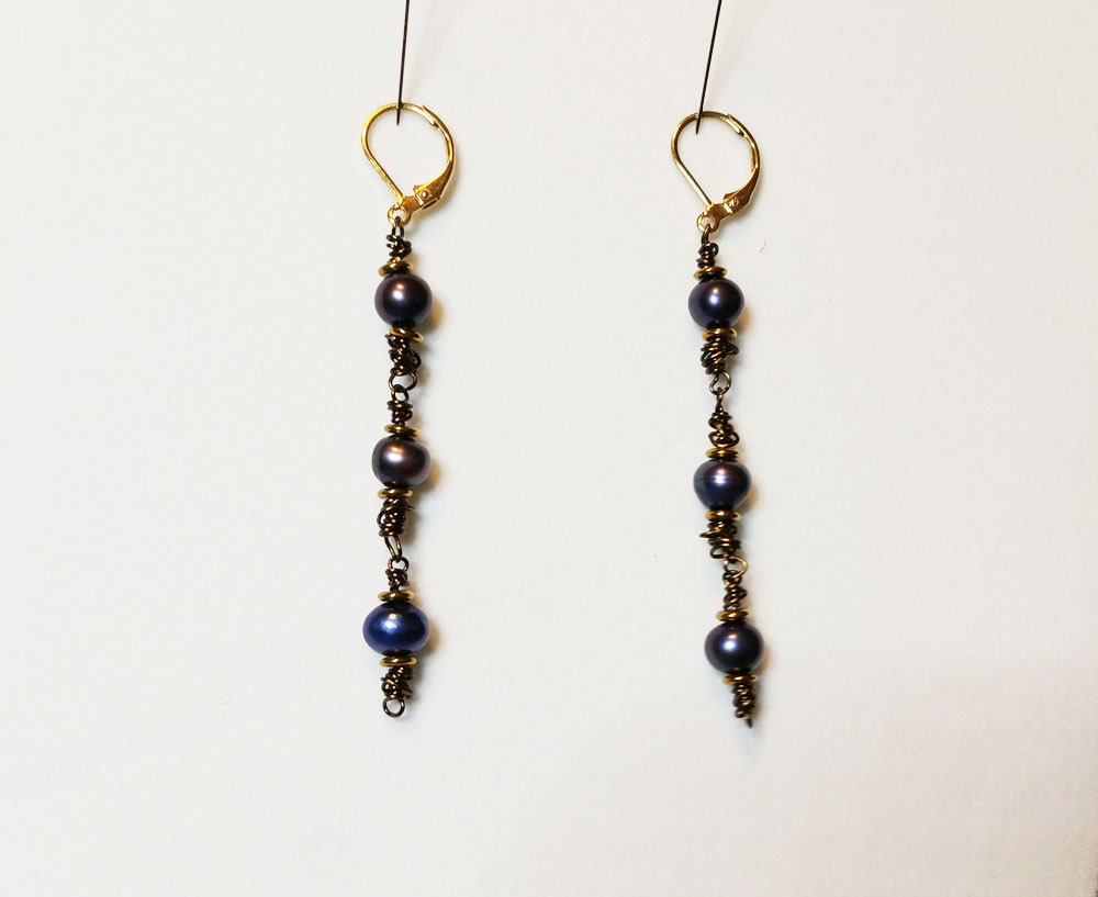 Black Pearl Drop Earrings long dangle earrings pearl dangle