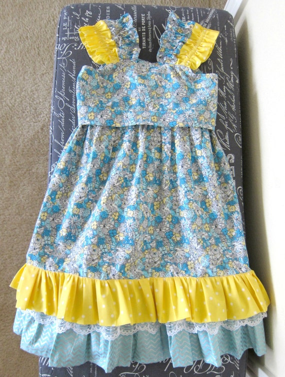 Size 5 Turquoise & yellow dress w/ruffles by ZippyBoutique