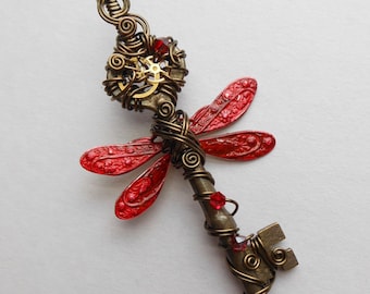 Red Dragonfly Winged Key Pendant -- Steampunk Winged Clockwork Key Wire Wrapped with Gears, Brass Wire, Crystals (A Key to Time)