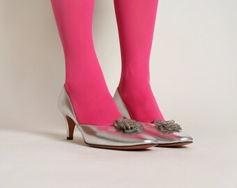 Vintage 1960s Silver Heels - Beaded Flower - Size US 8.5