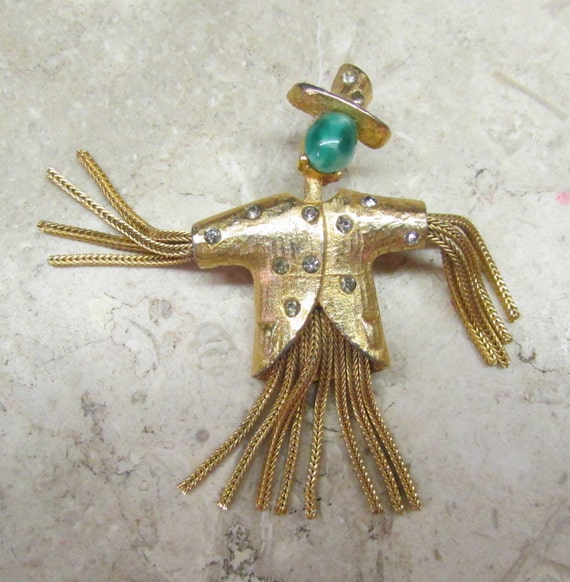 Vintage 1960's Signed Pauline Rader Brooch Couture Costume Jewelry Scarecrow Pin Gold Tone with Tassels