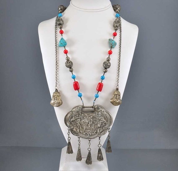Antique Chinese Silver Lock Necklace Coral Turquoise by boylerpf