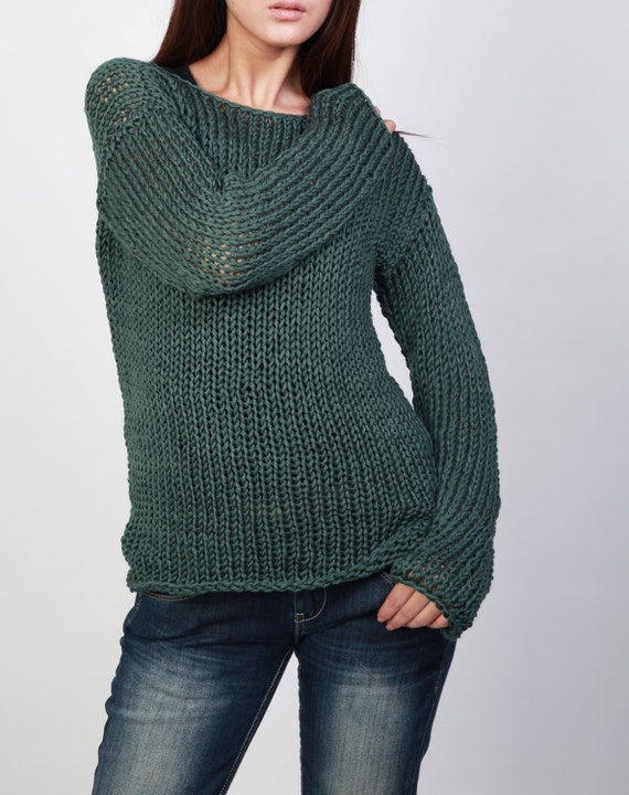 Hand knit sweater Eco cotton long sweater Fall Green Top