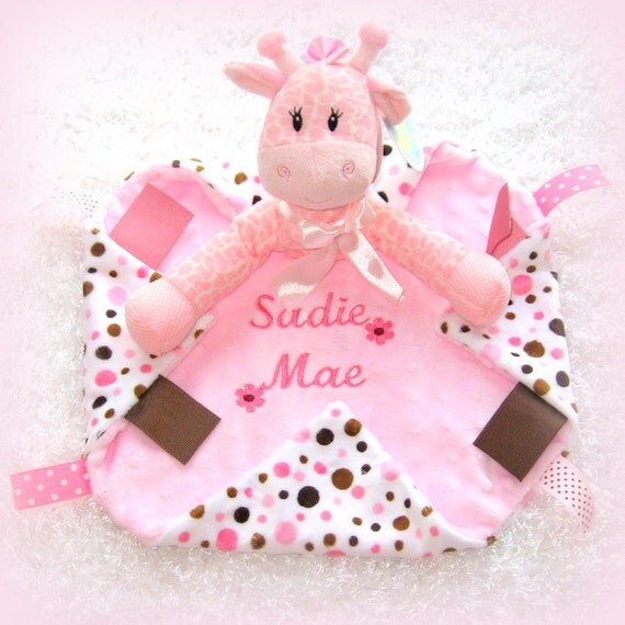 Personalized pink giraffe baby blanket unique by lovablekreations