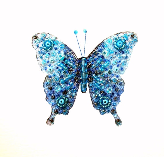 Blue butterfly beaded embroidered fabric art by StitchMikki