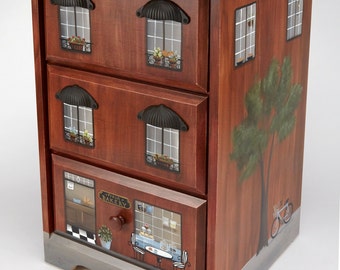 Hand Painted Furniture/Townhouse Chest/ Cityscape decor/ Painted Nightstand/ End table/ Bakery decor/ Brownstone Furniture/ Cafe decor