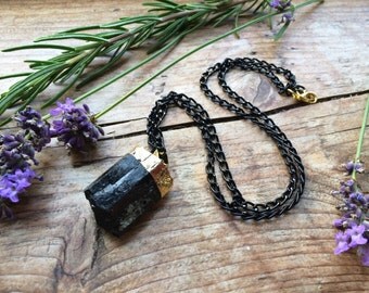 Gold Dipped Black Tourmaline Crystal Necklace - Raw Drop Rough Clear Dark Crystal Point Cluster Natural Layering Chain Goth Gothic Stone