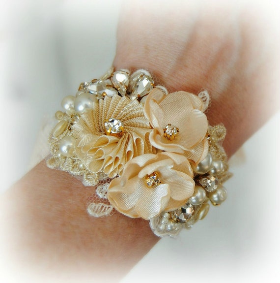 Gold Wrist Corsage Bridal Cuff BraceletVintage by TheRedMagnolia