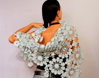 Mint Blue Wedding Shawl, Bridal Shrug Shawl Bolero, Cover Up, Aquamarine Shawl, Crochet Shawl Wrap, Flower Lace Shawl, Mohair Triangle Shawl