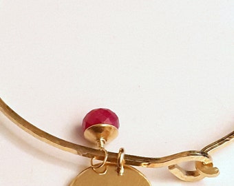 Ruby Bracelet, Charmed Bangle Bracelet, Radiant Ruby, Personalized Bracelet, Birthstone Bracelet, Initial Charm Bracelet, Venexia Jewelry