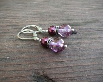 Maroon Swarovski Crystal Pearl with Purple Speckled Glass Earrings by Quintessential Arts