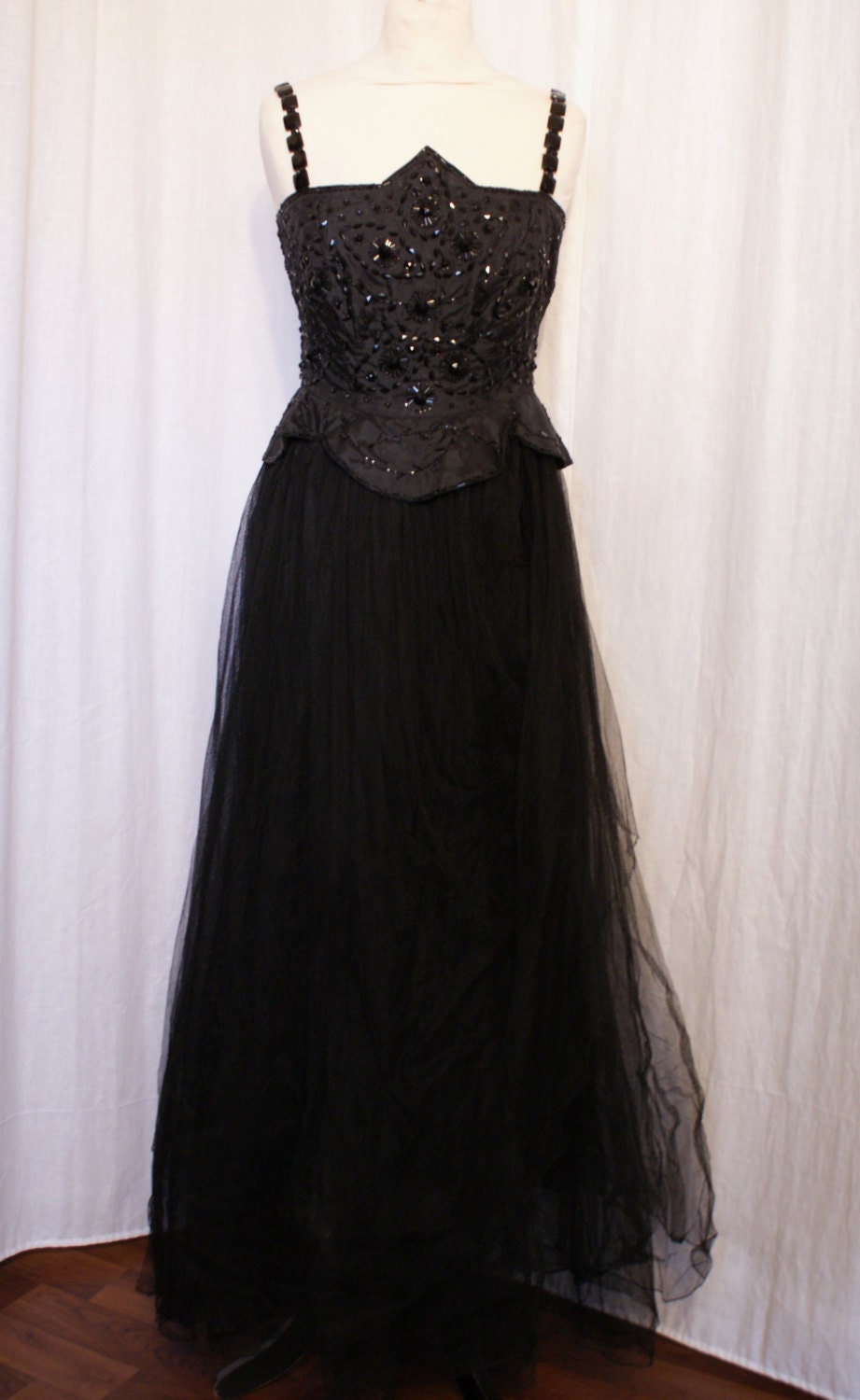 Vintage 1940s full length beaded ball gown evening dress black