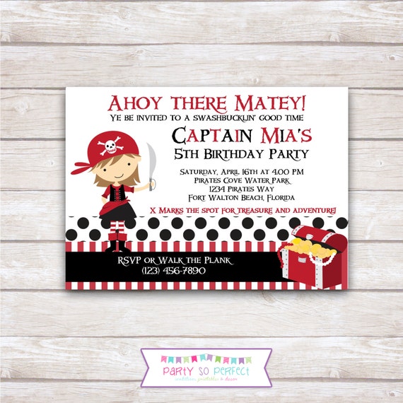 PIRATE GIRL Red Birthday Party Invitation - Printable Il_570xn