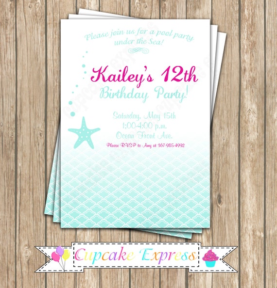 DIY Mermaid Birthday Collection PRINTABLE Party Invitation under the sea teal turquoise pink Il_570xn