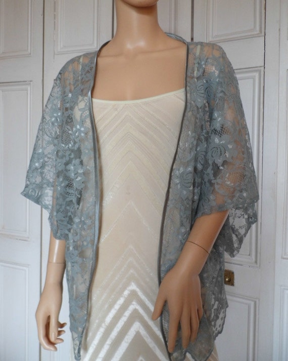 Grey lace kimono jacket wrap cover  up  bolero with satin edging