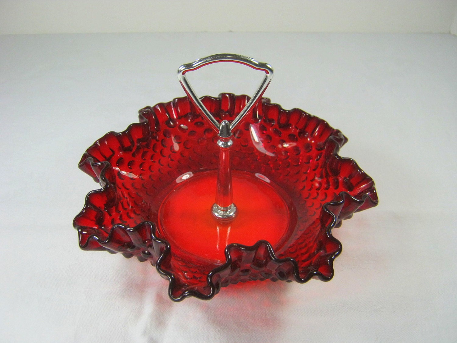 Vintage FENTON RUBY RED HOBNAiL Candy Dish Ruffled Rim Metal