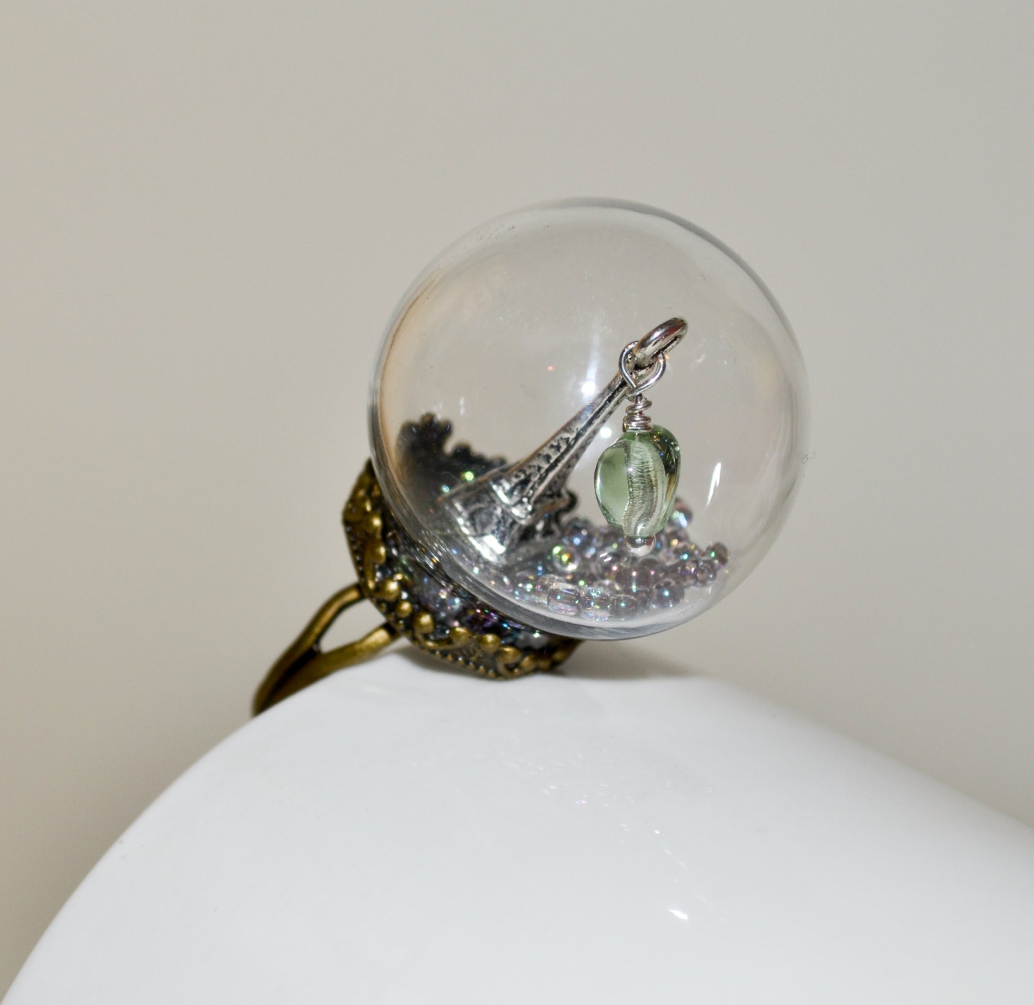 Eiffel Tower Globe Ring Snow Globe Ring Adjustable Ring