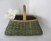 Basket, Green with Natural Trim, Sturdy, Laced Handle, Vintage, Garden Cottage Decor, Flower Harvest Trug