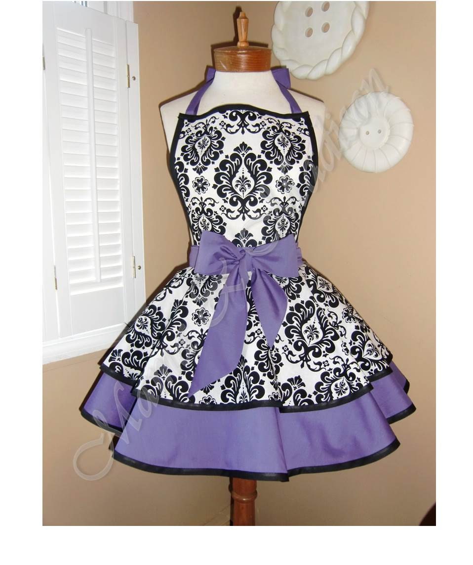 Damask Print Accented with Purple Womans Retro Apron With